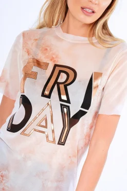 Rebellious Fashion Pink Tie Dye Sheer Mesh 'Friday' Slogan T-Shirt Dress - Flynn