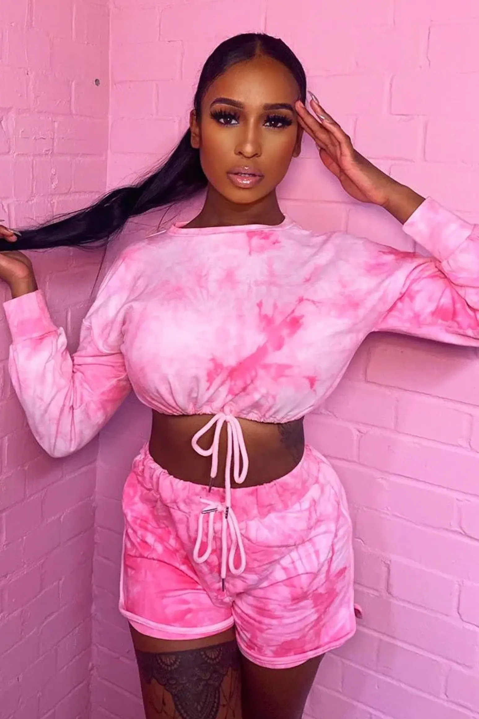 Rebellious Fashion Pink Tie Dye Sweatshirt Shorts Loungewear Set - Jessa