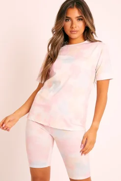Rebellious Fashion Pink Tie-Dye T-shirt Cycling Short Set - Boni