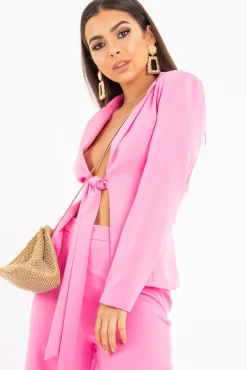 Rebellious Fashion Pink Tie Front Blazer Wide Leg Trouser Co-Ord - Saphira