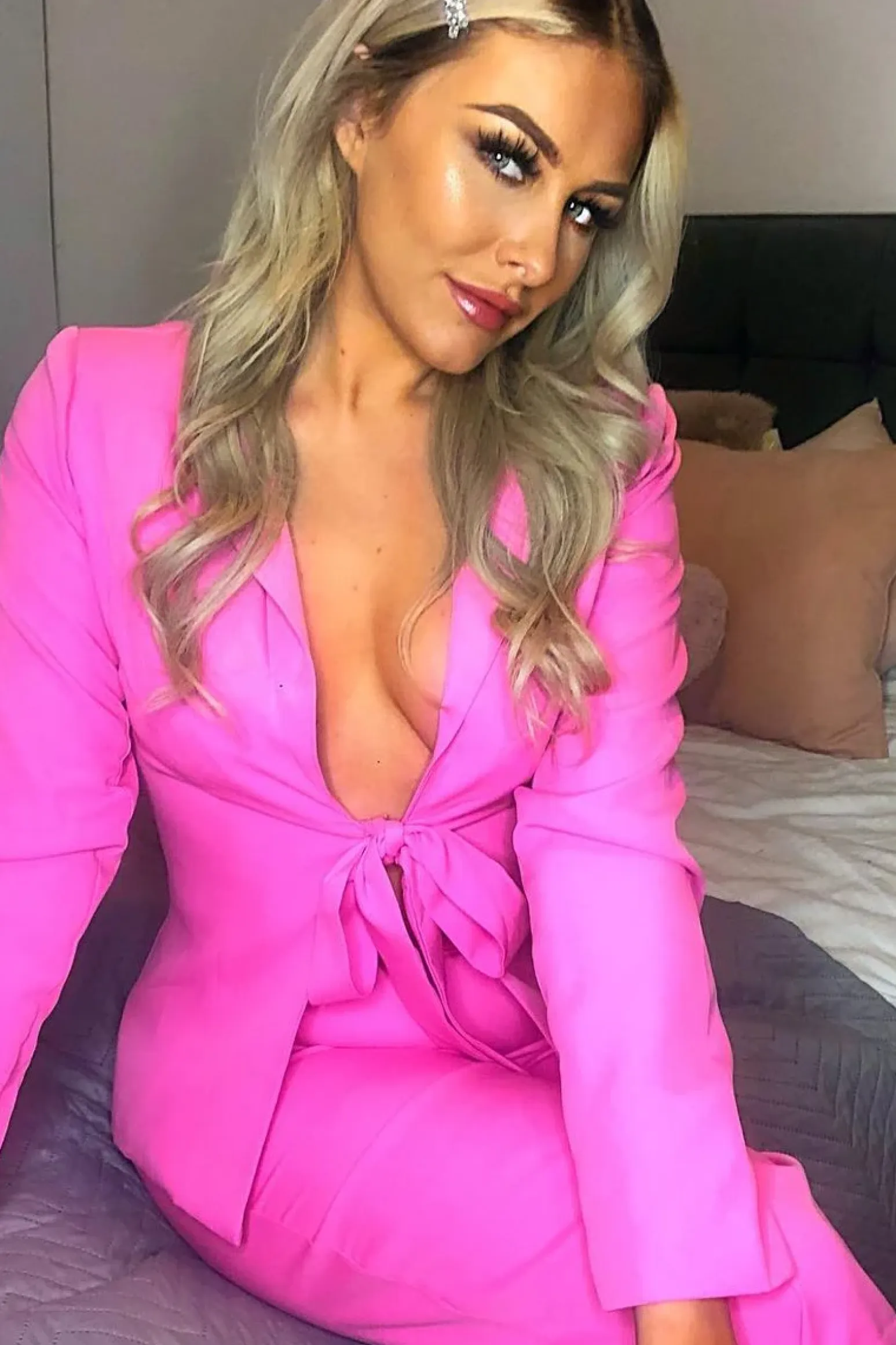 Rebellious Fashion Pink Tie Front Blazer Wide Leg Trouser Co-Ord - Saphira