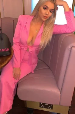 Rebellious Fashion Pink Tie Front Blazer Wide Leg Trouser Co-Ord - Saphira