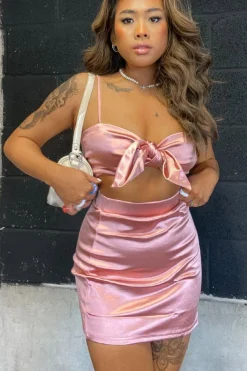 Rebellious Fashion Pink Tie Front Satin Crop Top + Skirt Co-ord - Orla