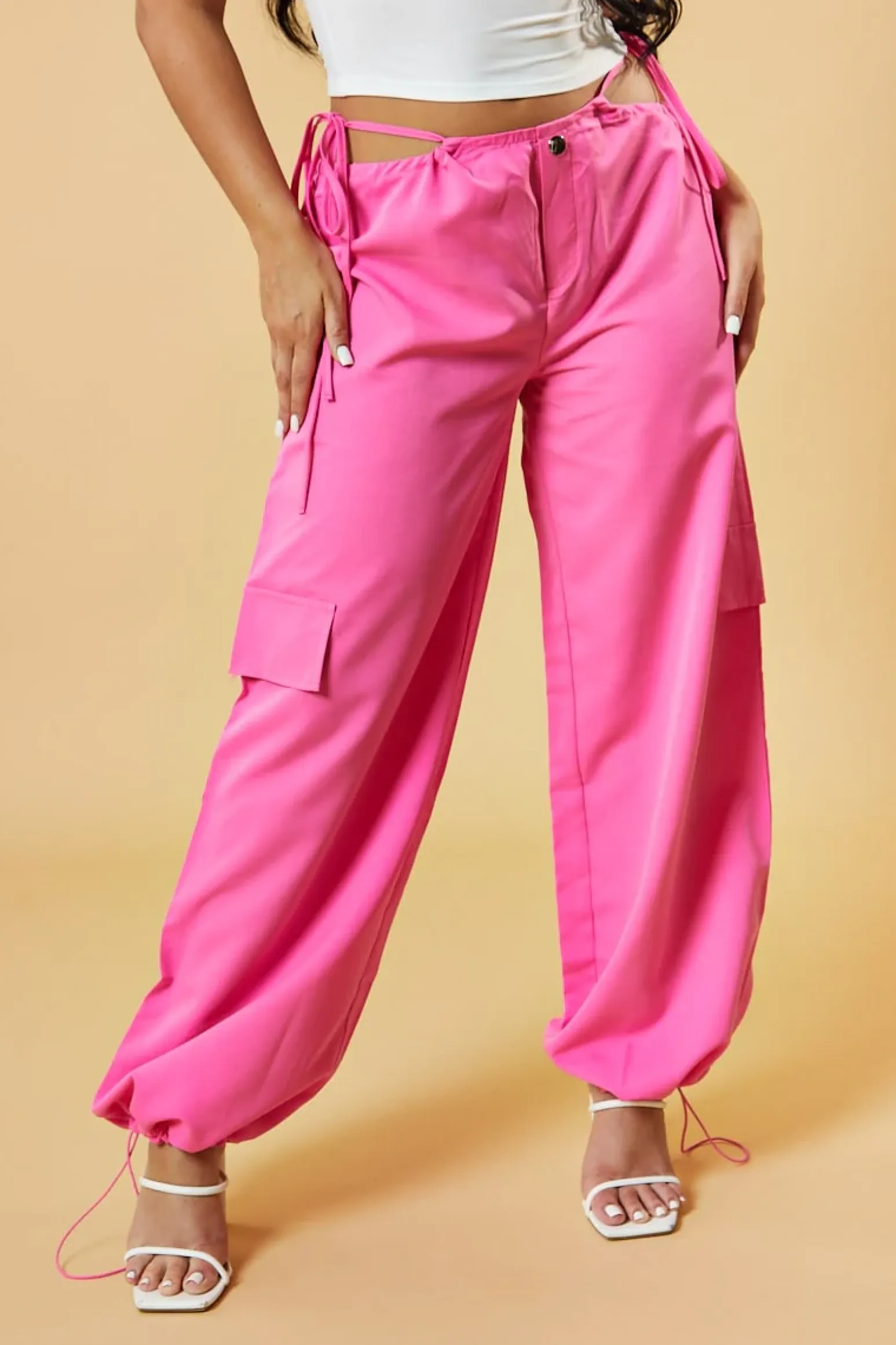 Rebellious Fashion Pink Tie Waist Toggle Detail Parachute Cargo Trousers - Eva