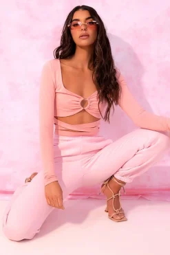 Rebellious Fashion Pink Tie Wrap Front Ring Detail Crop Top - Taylor