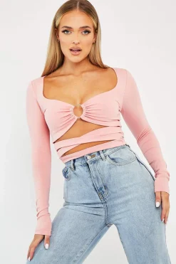 Rebellious Fashion Pink Tie Wrap Front Ring Detail Crop Top - Taylor