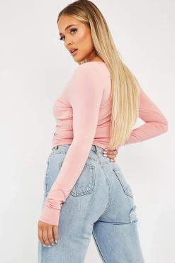 Rebellious Fashion Pink Tie Wrap Front Ring Detail Crop Top - Taylor