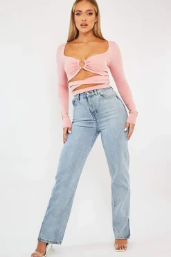 Rebellious Fashion Pink Tie Wrap Front Ring Detail Crop Top - Taylor