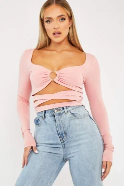 Rebellious Fashion Pink Tie Wrap Front Ring Detail Crop Top - Taylor