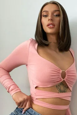 Rebellious Fashion Pink Tie Wrap Front Ring Detail Crop Top - Taylor