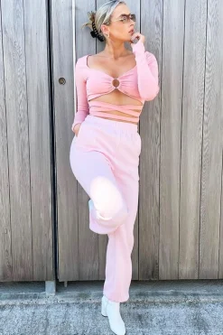 Rebellious Fashion Pink Tie Wrap Front Ring Detail Crop Top - Taylor