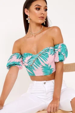 Rebellious Fashion Pink Tropical Bardot Crop Top - Candis