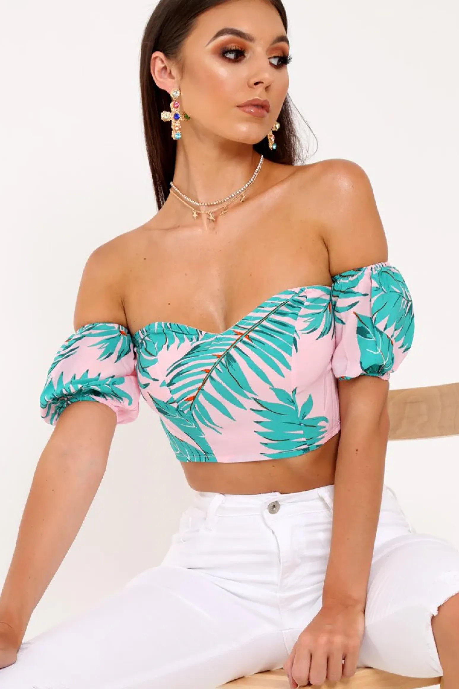 Rebellious Fashion Pink Tropical Bardot Crop Top - Candis