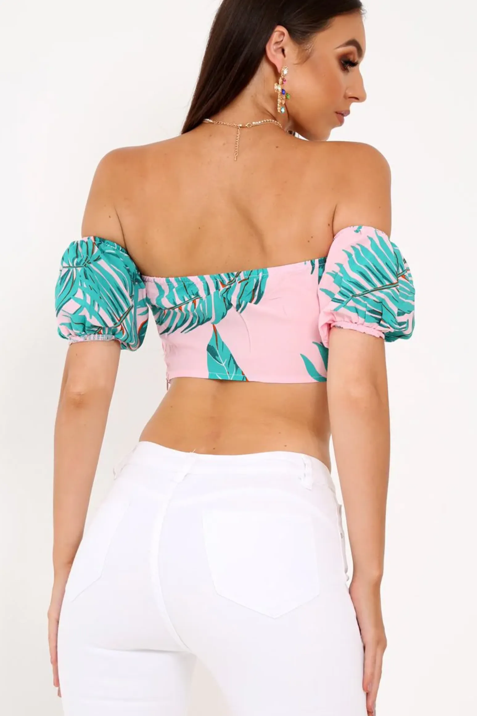 Rebellious Fashion Pink Tropical Bardot Crop Top - Candis