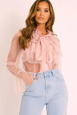 Rebellious Fashion Pink Tulle Ruffle Tie Detail Shirt - Vanessa