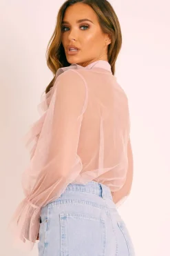 Rebellious Fashion Pink Tulle Ruffle Tie Detail Shirt - Vanessa