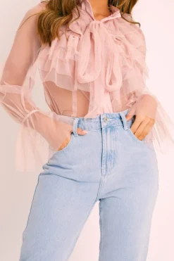 Rebellious Fashion Pink Tulle Ruffle Tie Detail Shirt - Vanessa