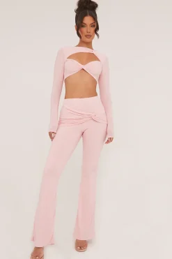 Rebellious Fashion Pink Twist Detail Cropped Top & Wide Leg Trousers - Matilda
