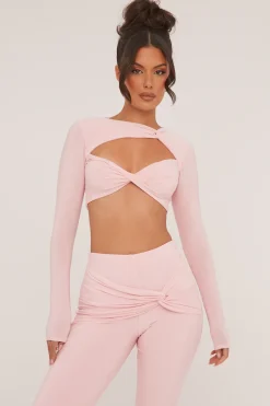 Rebellious Fashion Pink Twist Detail Cropped Top & Wide Leg Trousers - Matilda