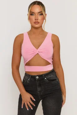Rebellious Fashion Pink Twist Front Cut Out Crop Top - Joyce