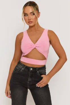Rebellious Fashion Pink Twist Front Cut Out Crop Top - Joyce