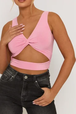 Rebellious Fashion Pink Twist Front Cut Out Crop Top - Joyce