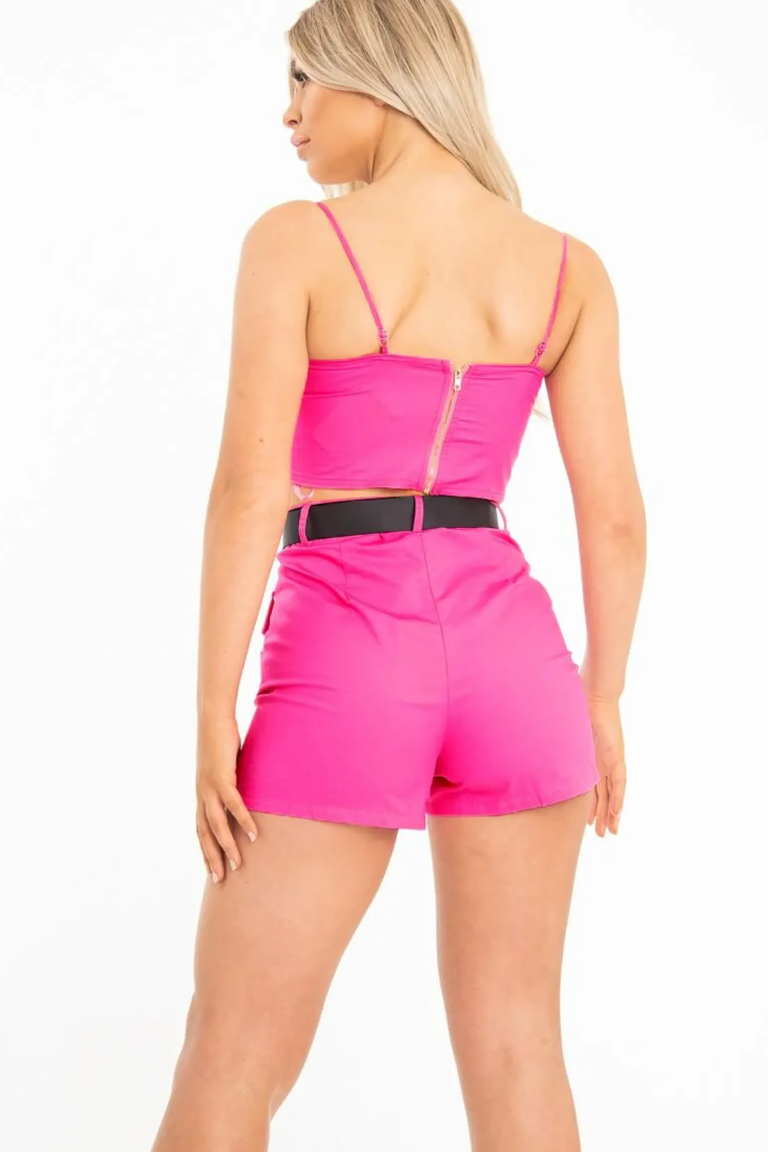Rebellious Fashion Pink Utility Pocket Crop Top and Shorts Co-ord - Juri