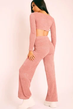 Rebellious Fashion Pink Velour Crop Top Wide Leg Trouser Co-Ord - Salina