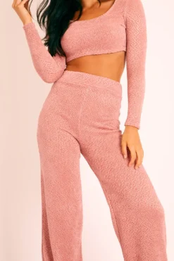 Rebellious Fashion Pink Velour Crop Top Wide Leg Trouser Co-Ord - Salina