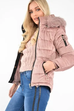 Rebellious Fashion Pink Velour Fur Hood Puffer Jacket - Eastlynn