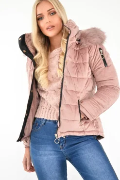Rebellious Fashion Pink Velour Fur Hood Puffer Jacket - Eastlynn
