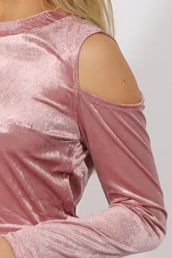Rebellious Fashion Pink Velvet Cold Shoulder Crop Top - Presile