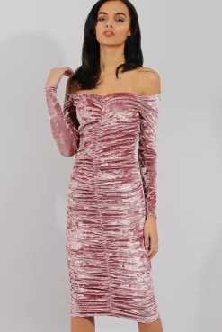 Rebellious Fashion Pink Velvet Ruched Bardot Bodycon Dress - Louise