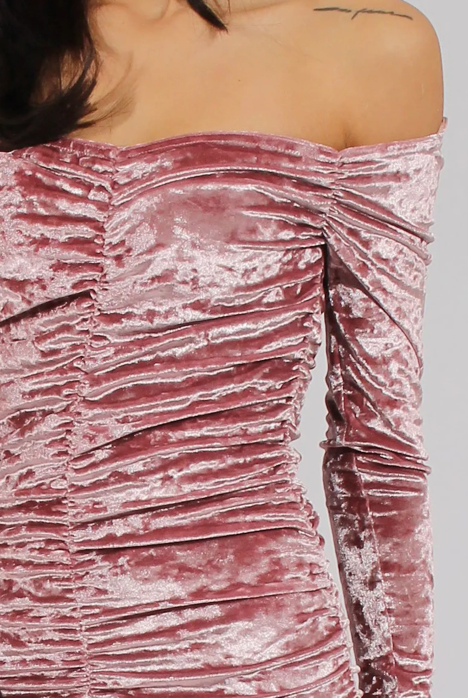 Rebellious Fashion Pink Velvet Ruched Bardot Bodycon Dress - Louise