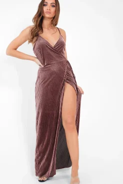 Rebellious Fashion Pink Velvet Stripe Wrap Maxi Dress - Tamyah
