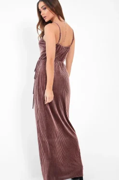 Rebellious Fashion Pink Velvet Stripe Wrap Maxi Dress - Tamyah