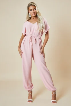 Rebellious Fashion Pink V-Neck Oversized Tie Detail Jumpsuit - Sammie