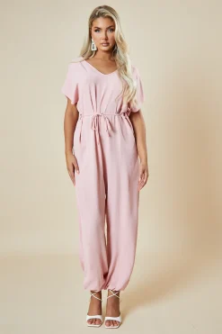 Rebellious Fashion Pink V-Neck Oversized Tie Detail Jumpsuit - Sammie