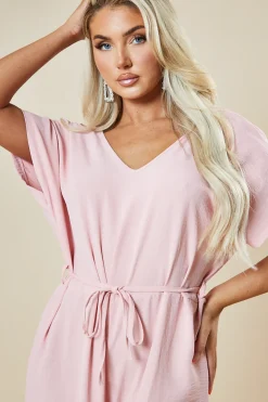 Rebellious Fashion Pink V-Neck Oversized Tie Detail Jumpsuit - Sammie