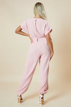 Rebellious Fashion Pink V-Neck Oversized Tie Detail Jumpsuit - Sammie