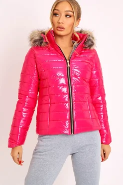Rebellious Fashion Pink Wet Look Puffer Coat - Soph