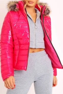 Rebellious Fashion Pink Wet Look Puffer Coat - Soph