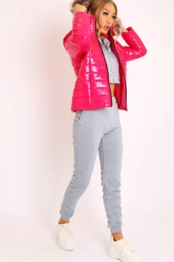 Rebellious Fashion Pink Wet Look Puffer Coat - Soph