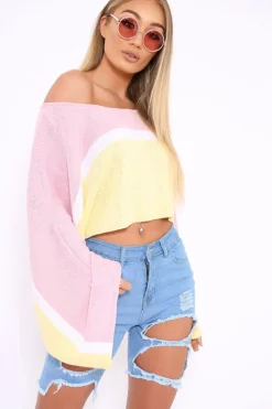 Rebellious Fashion Pink White and Yellow Stripe Contrast Jumper - Emylee