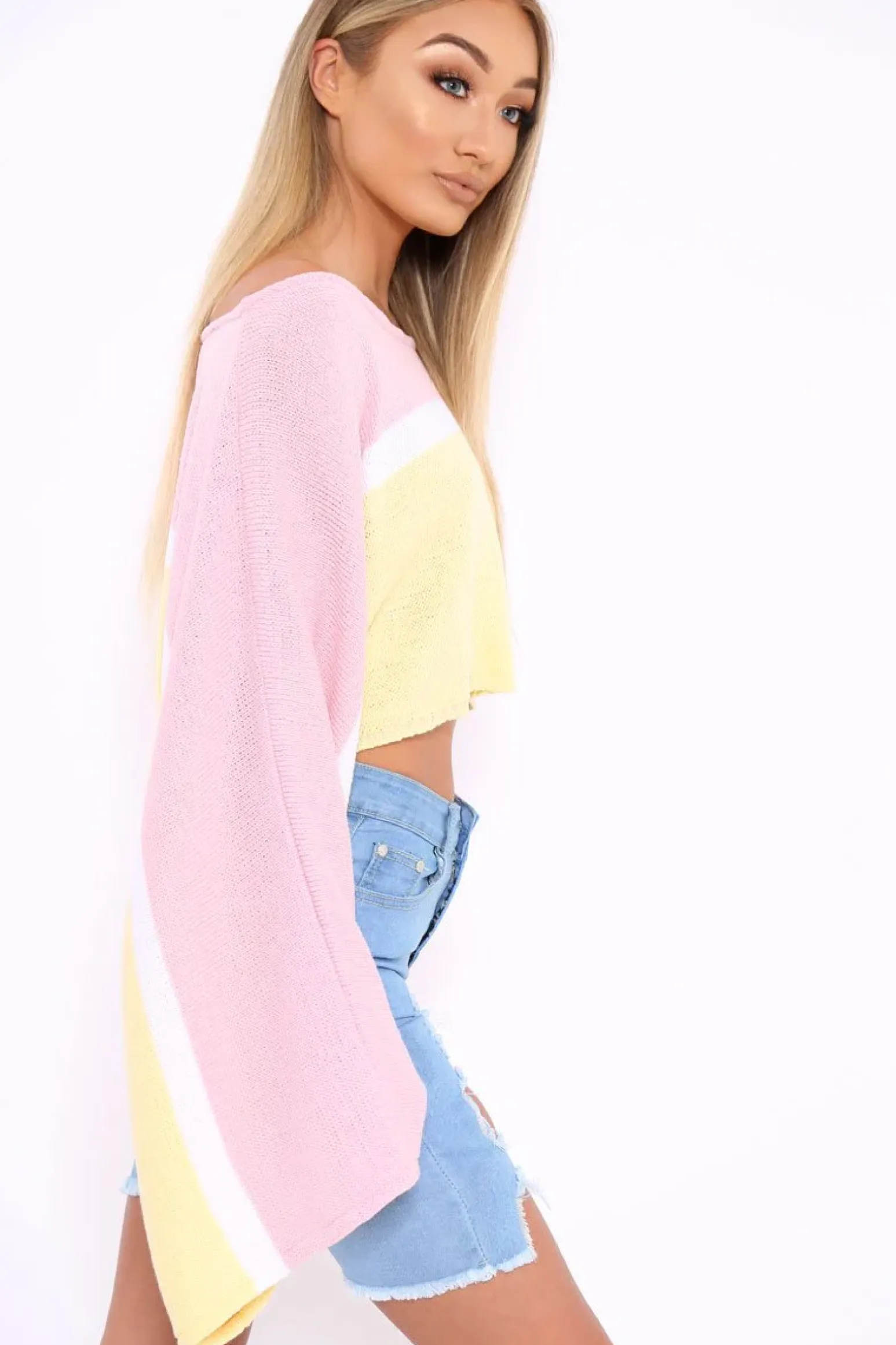 Rebellious Fashion Pink White and Yellow Stripe Contrast Jumper - Emylee
