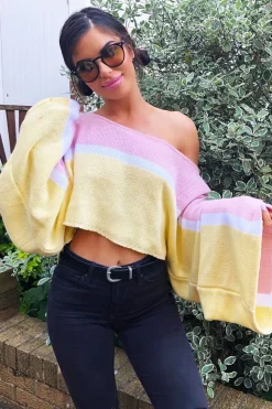 Rebellious Fashion Pink White and Yellow Stripe Contrast Jumper - Emylee