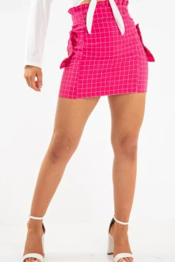 Rebellious Fashion Pink White Check Ruffle Waist Zip Front Skirt - Izzie