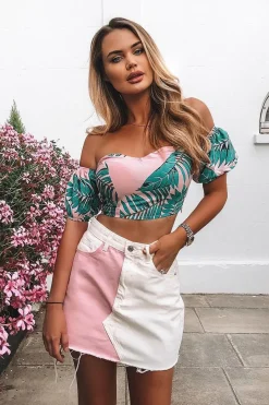 Rebellious Fashion Pink White Colour Block Denim Skirt - Runa