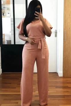 Rebellious Fashion Pink Wide Leg Ribbed Crop Top Loungewear Co-ord - Cesilia