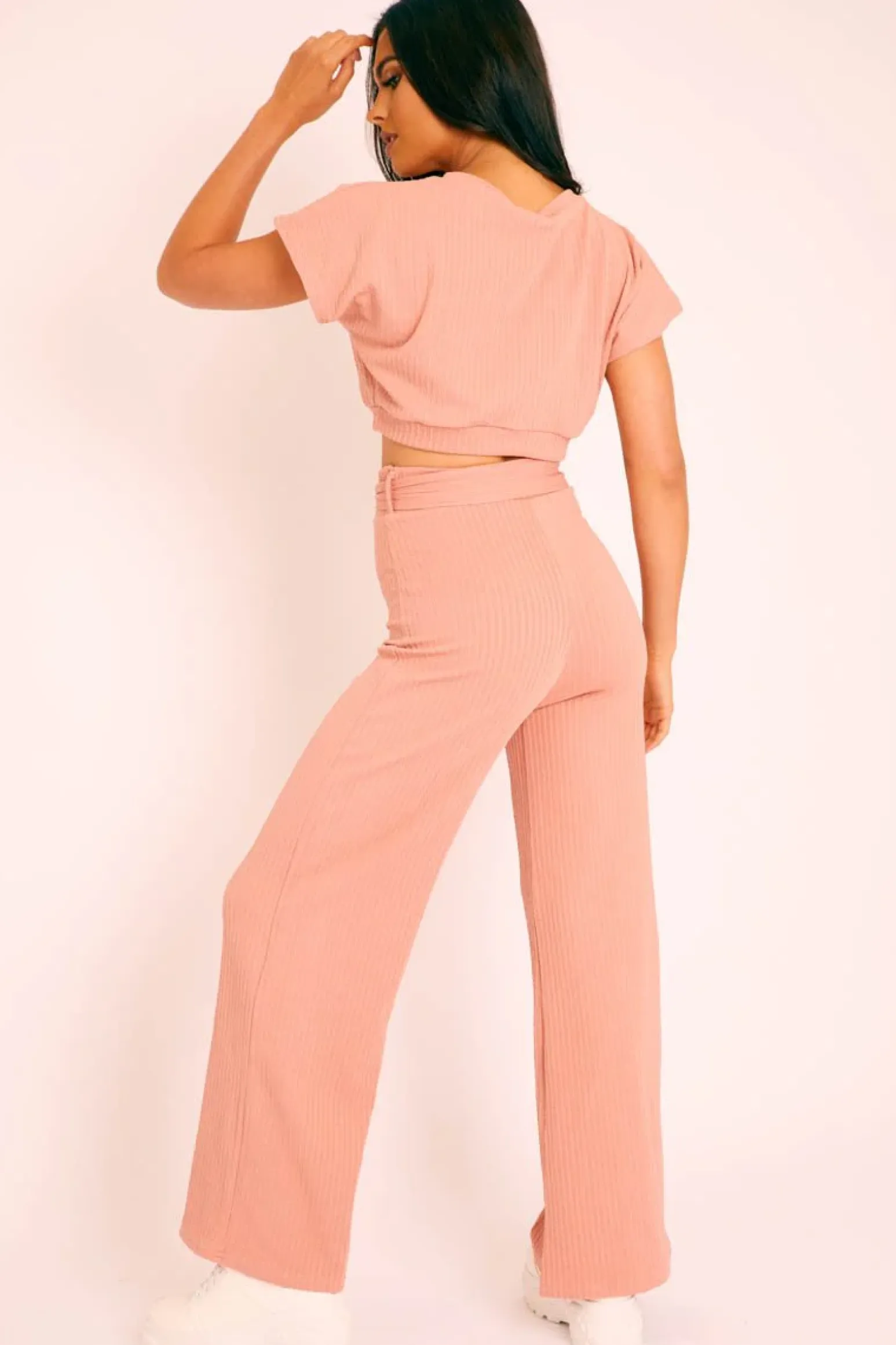 Rebellious Fashion Pink Wide Leg Ribbed Crop Top Loungewear Co-ord - Cesilia